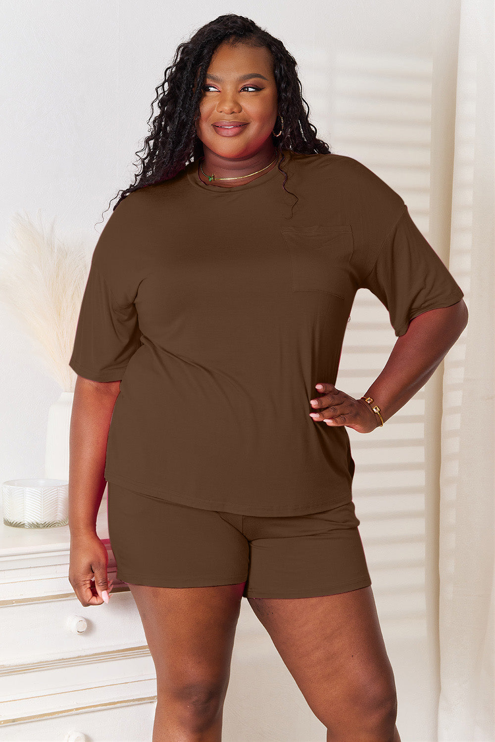 Brown rayon top and shorts set, half-sleeve crewneck with matching boxer-style shorts