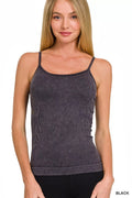Black ribbed seamless tank top with thin spaghetti straps