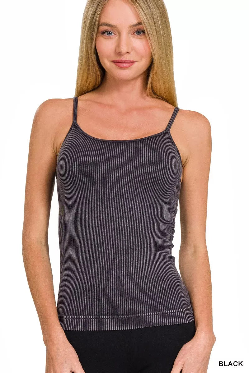 Black ribbed seamless tank top with thin spaghetti straps