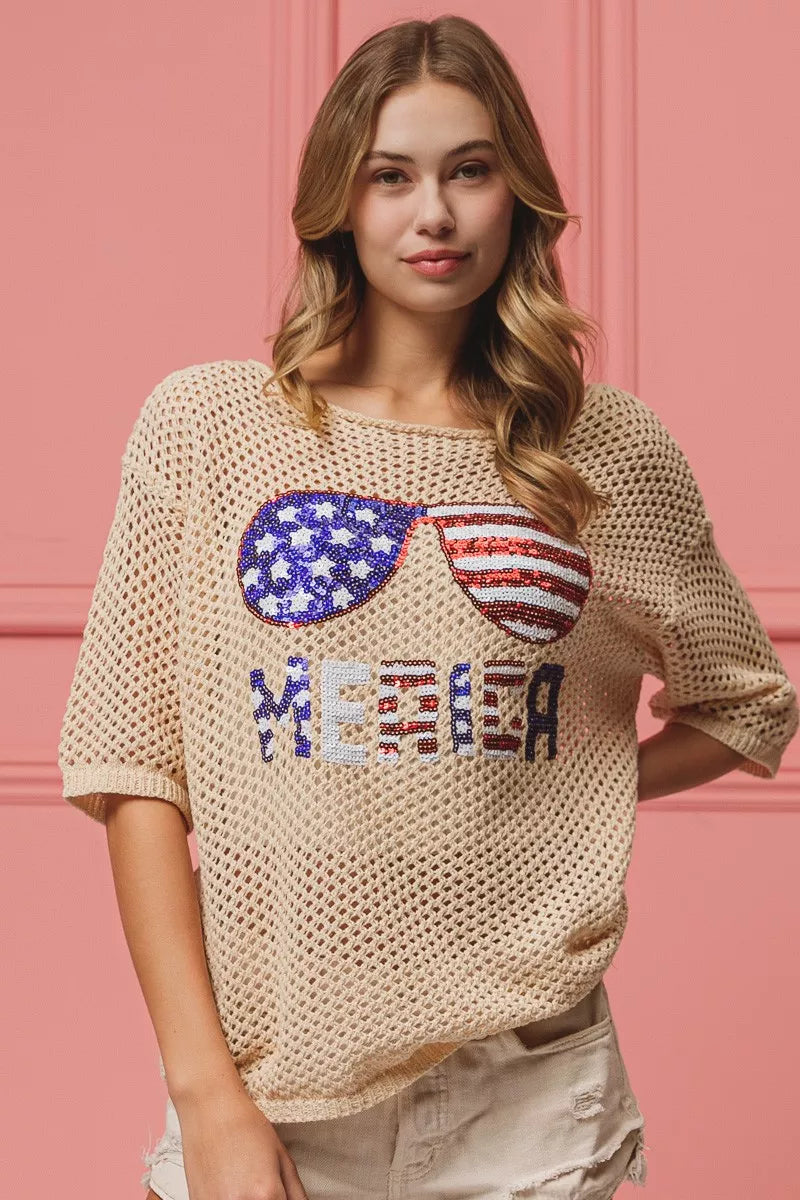 OATMEAL knit cover-up with sequin American flag sunglasses motif