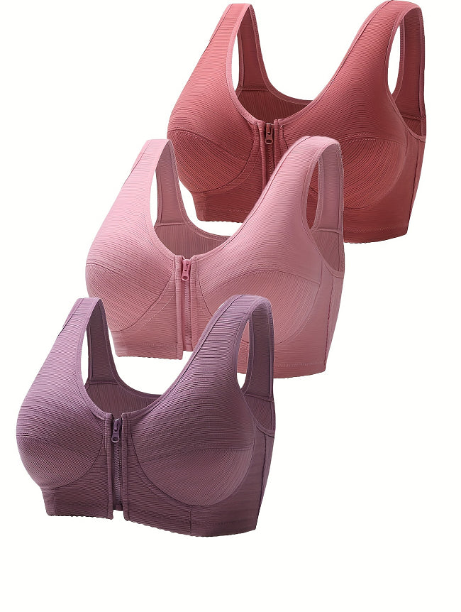 3-pack underwire vest-style bras, pink and mauve tones with zipper fronts
