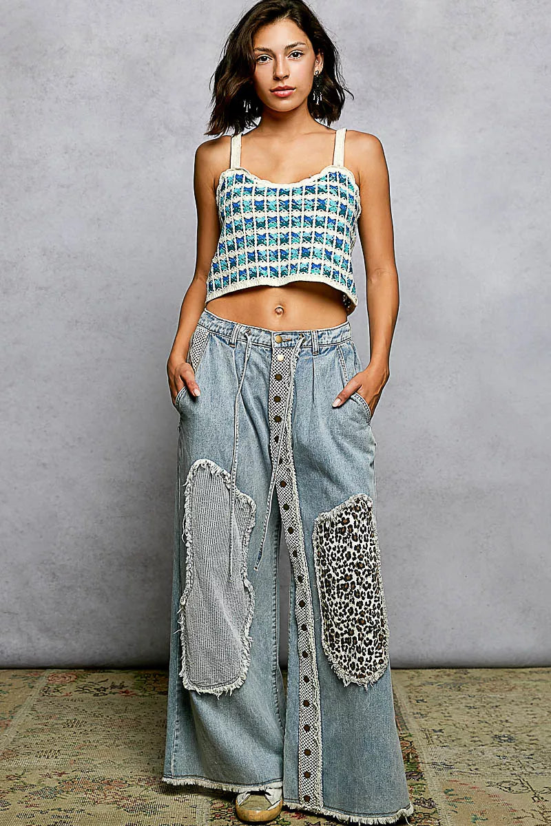 Cropped crochet cami with blue multi stripes, scalloped hem, and thin white straps