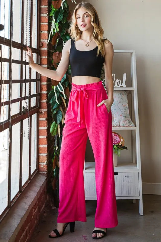 Watermelon front tie paperbag waist pants, relaxed wide-leg drape
