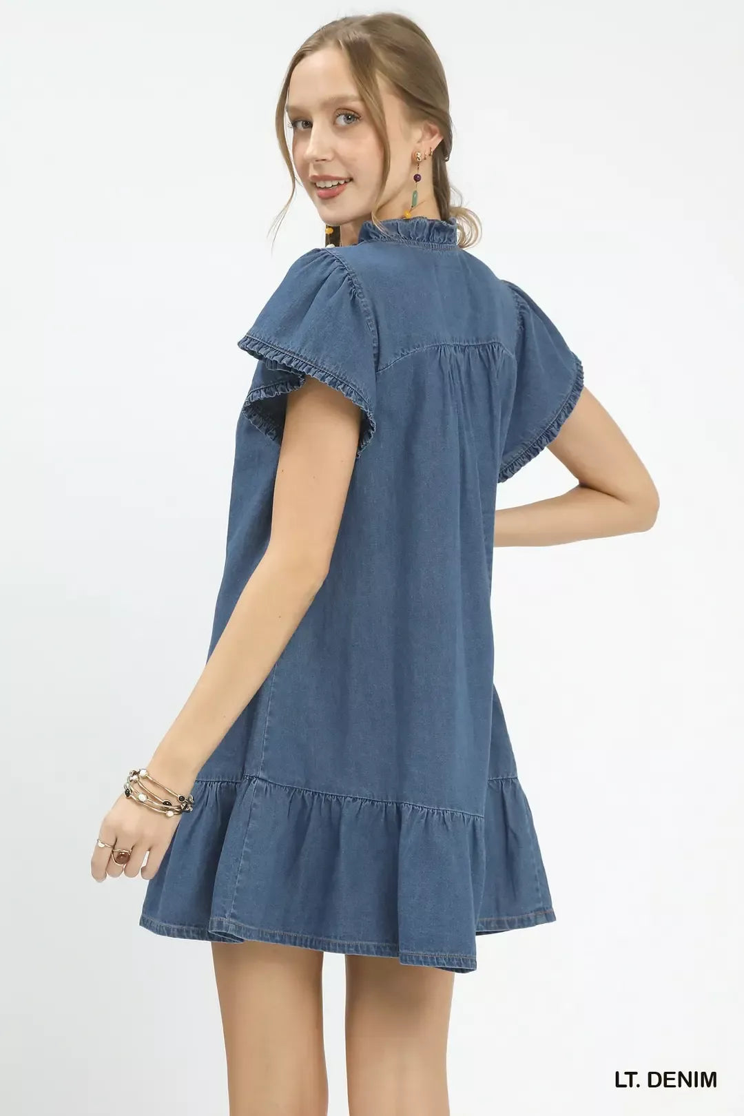 Washed denim mini dress with tiered hem and ruffle-trimmed yoke