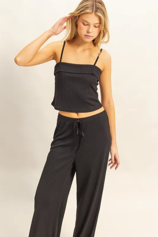 Black rib knit cami top with ruched bust and matching drawstring wide-leg pants