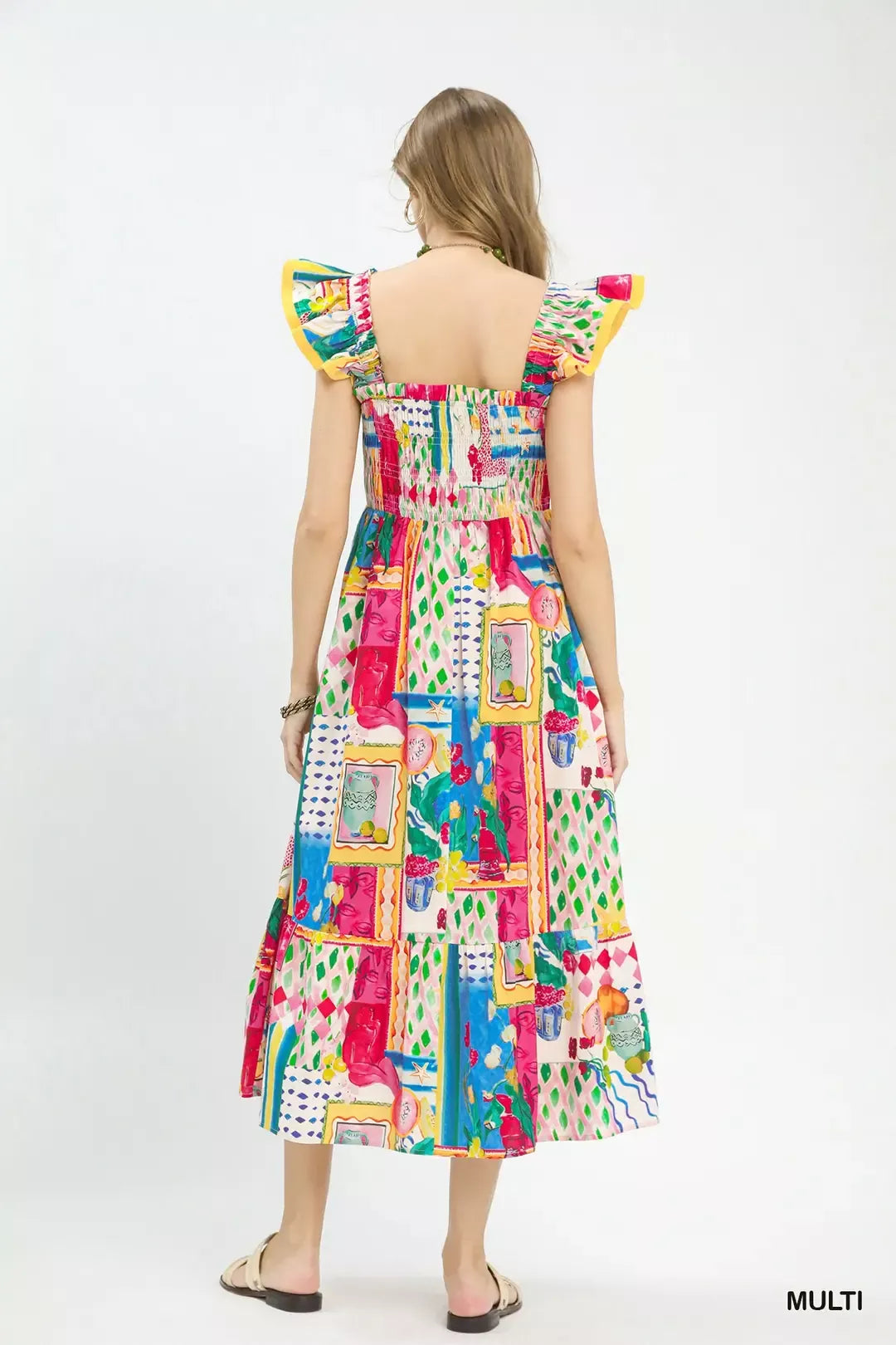 Back view: tiered midi dress with smocked bodice and multicolor abstract print, ruffle sleeves
