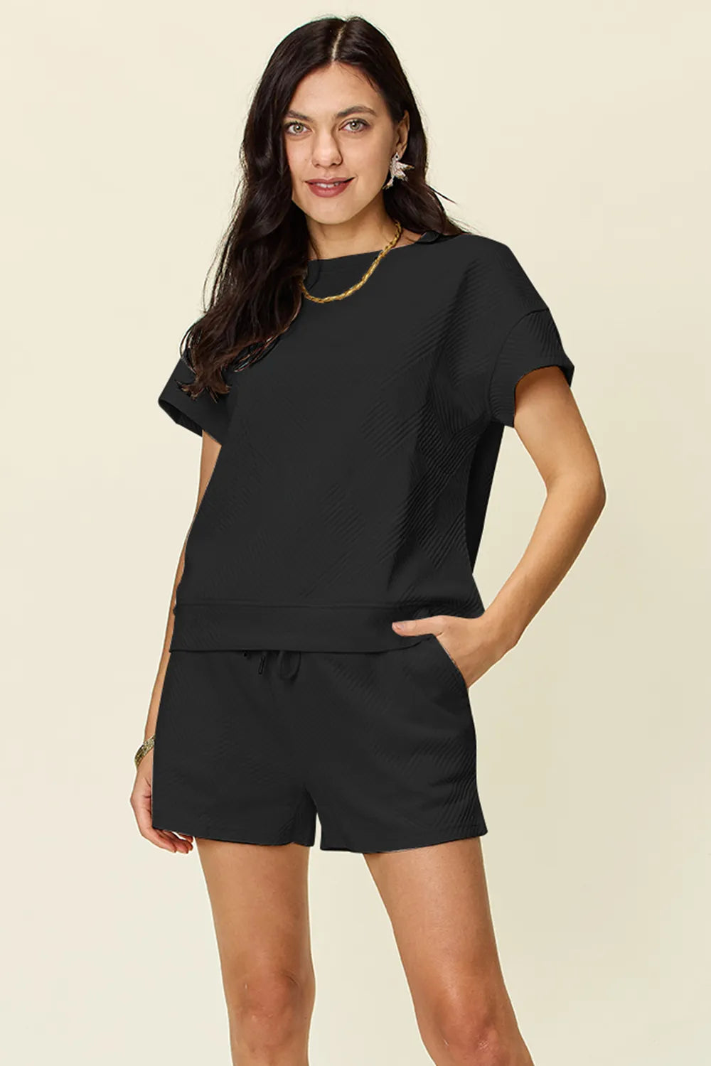 Black textured T-shirt & drawstring shorts set, short sleeves, knit fabric
