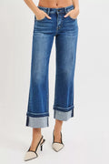 Mid-rise ankle straight jeans with cuffed hem, dark denim wash