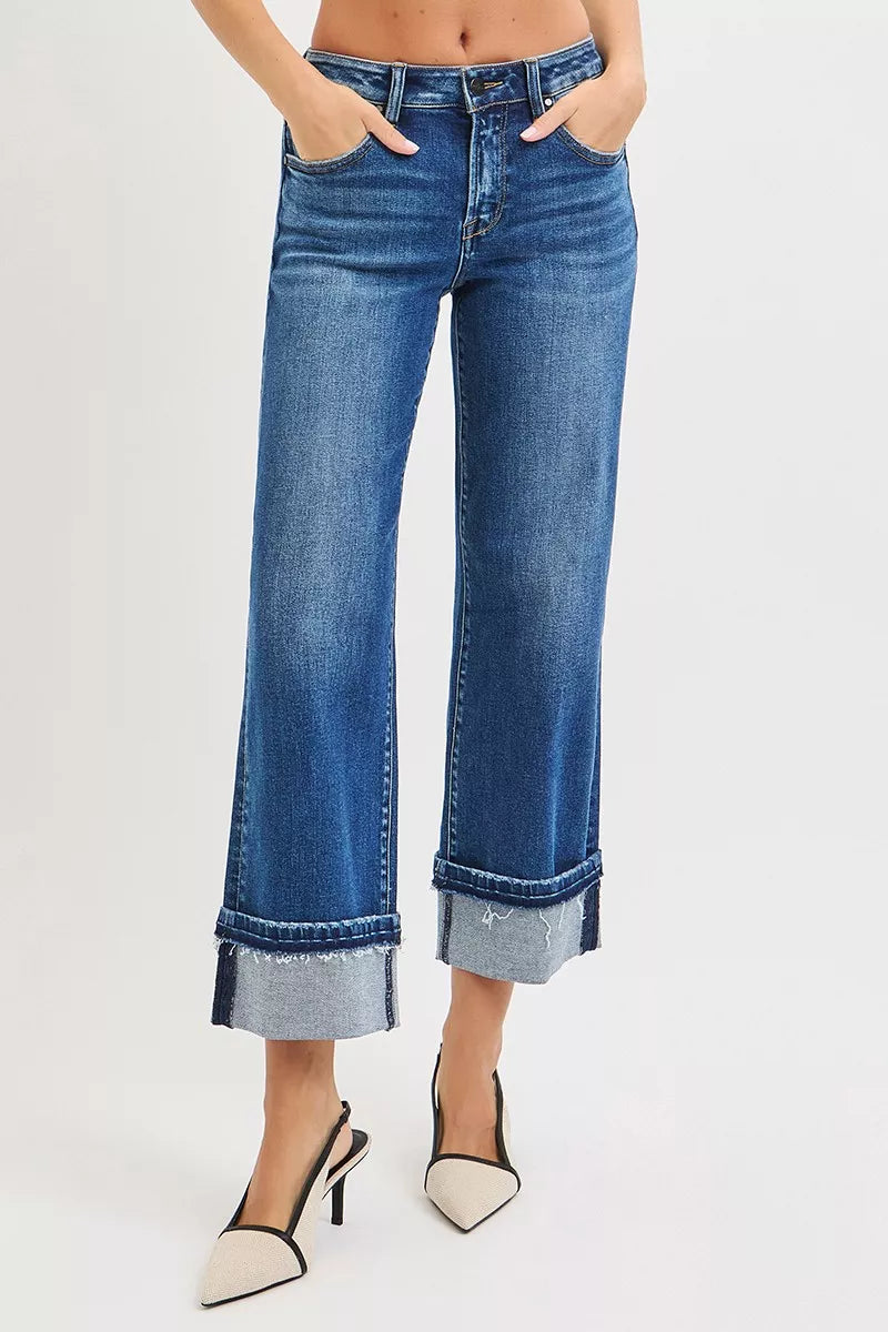 Mid-rise ankle straight jeans with cuffed hem, dark denim wash