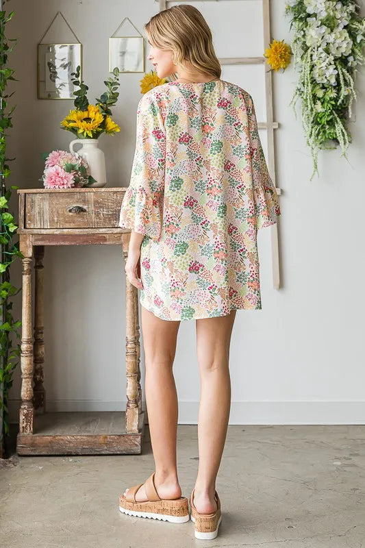 Ivory multi floral open cardigan, plus-size, 3/4 sleeves, back view