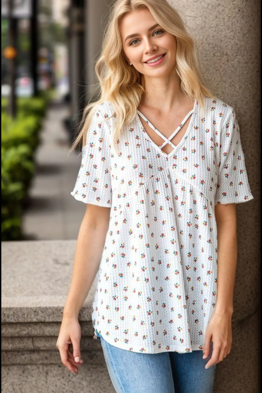 Heimish babydoll top, white with ditsy floral print and crisscross V neckline