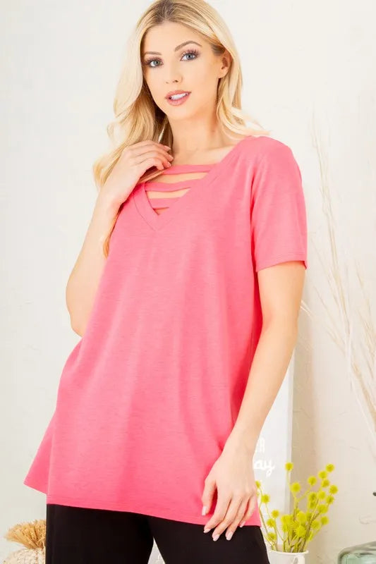 Neon pink V-neck short-sleeve T-shirt with bar-detail cutout neckline