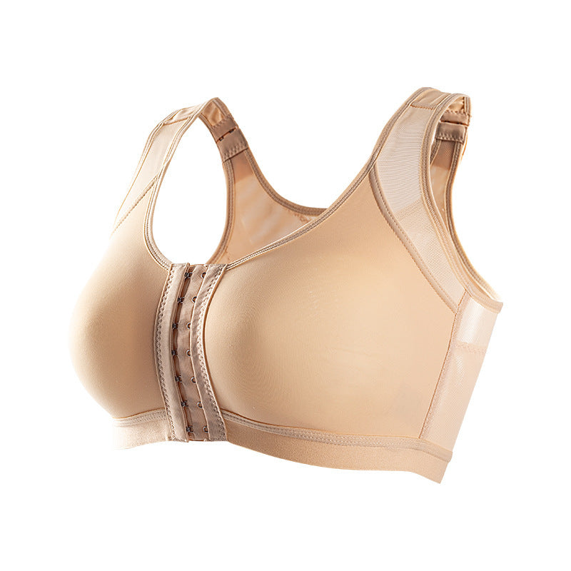 Front-closure sports bra in tan-beige with hook-and-bar center panel and wide straps