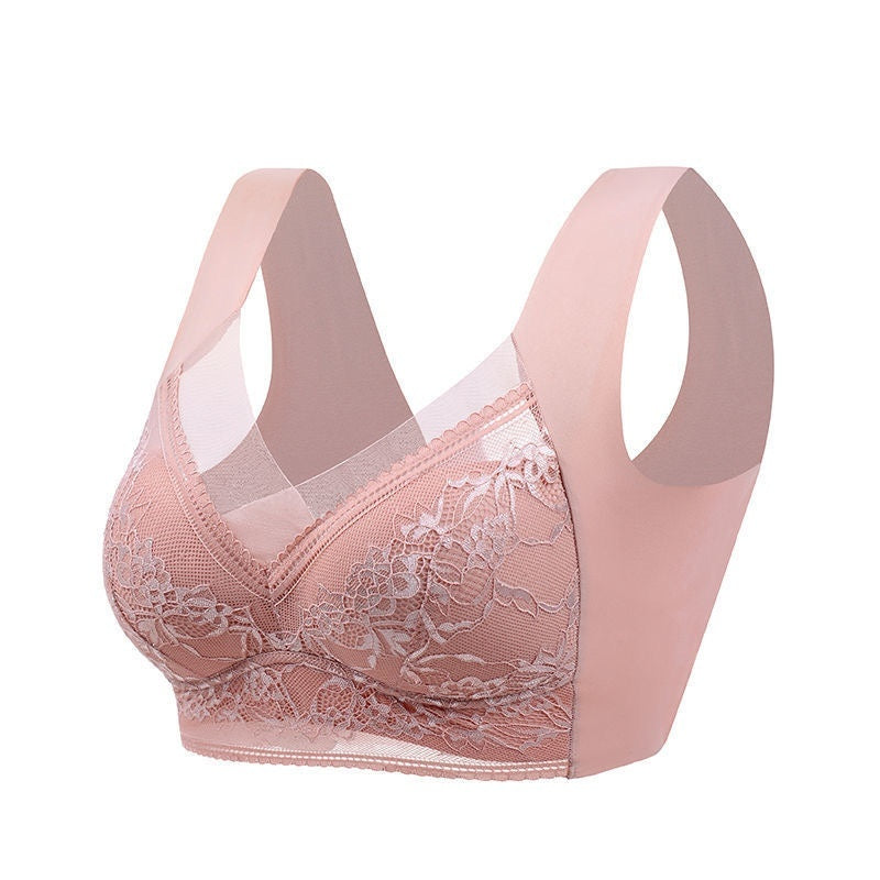 Lace wireless push-up bra in pink with floral lace cups and scalloped lace edge