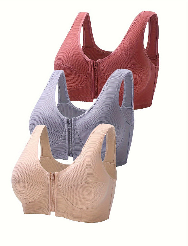 Plus size underwire vest-style bra, 3-pack in pink, gray, and beige