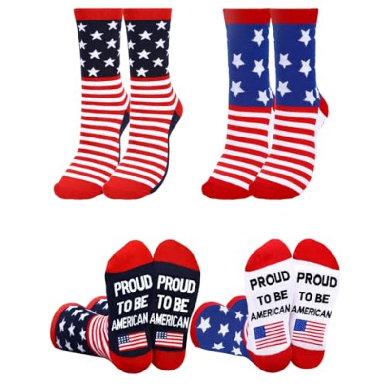 Set of patriotic socks: blue star socks and red-and-white striped socks with red toes