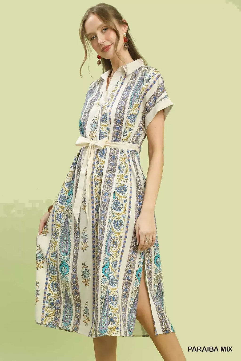 Umgee tie-waist midi dress, slit hem, vertical print pattern in blue and teal