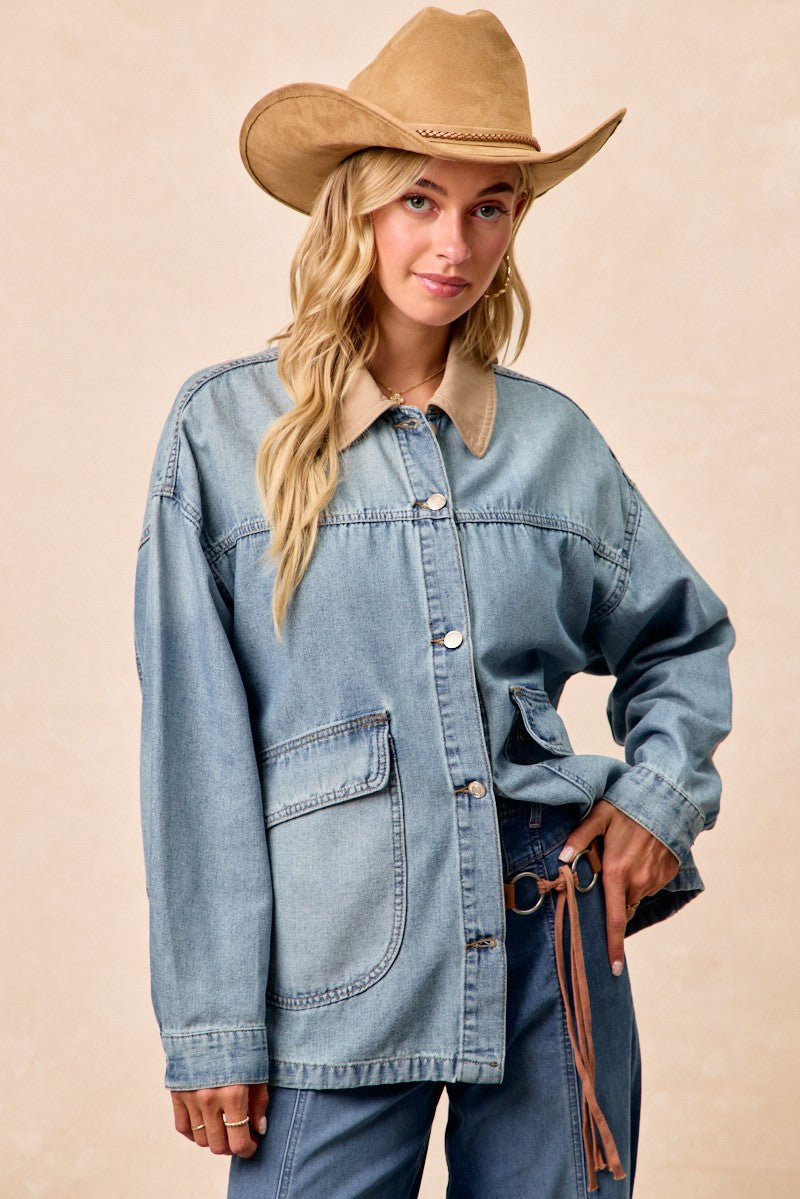 Washed denim jacket with contrast collar; side pockets and button-up front detail.