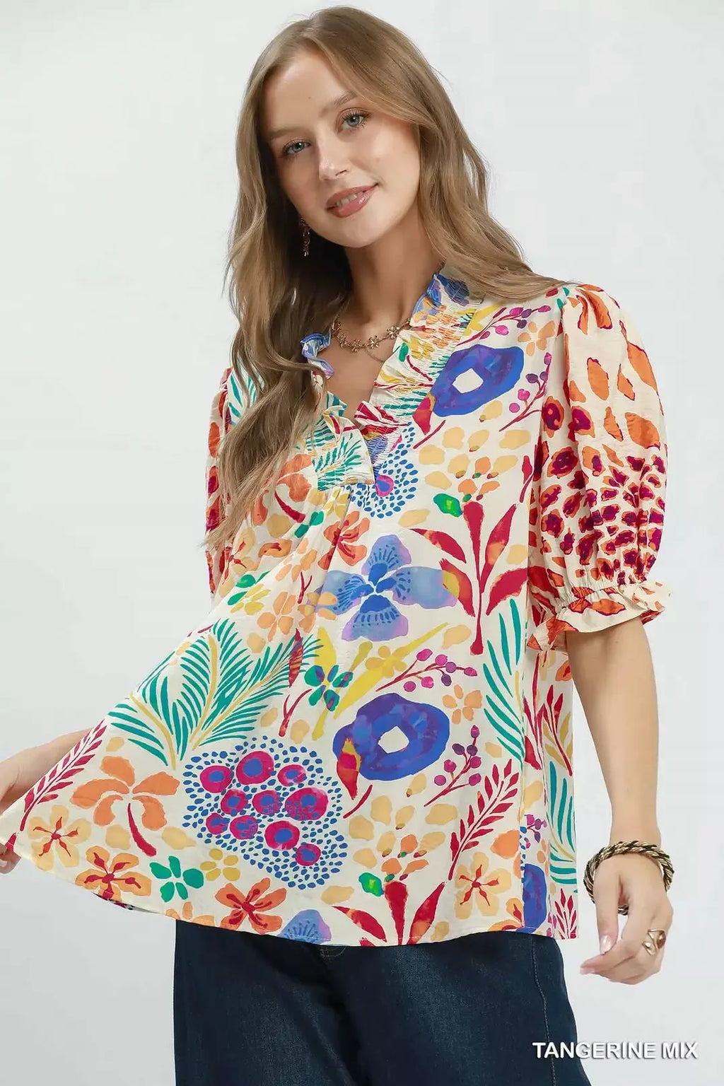 V-neck ruffle puff-sleeve top, multicolor floral and animal print