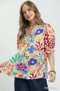 V-neck ruffle puff-sleeve top, multicolor floral and animal print