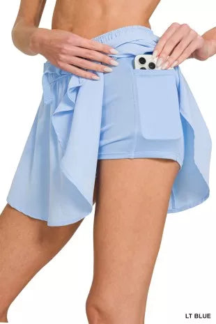 Light blue active skort with side pocket and drawstring elastic waist