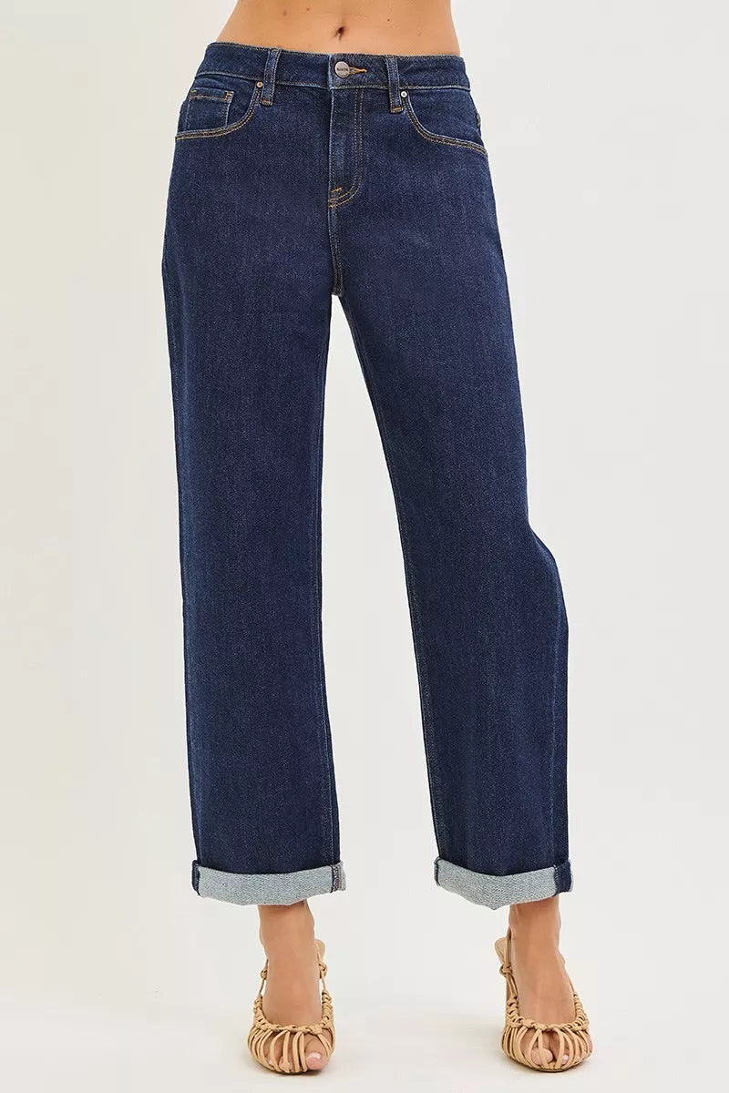 Dark blue slouchy cropped boyfriend jeans with cuffed hem and button-fly
