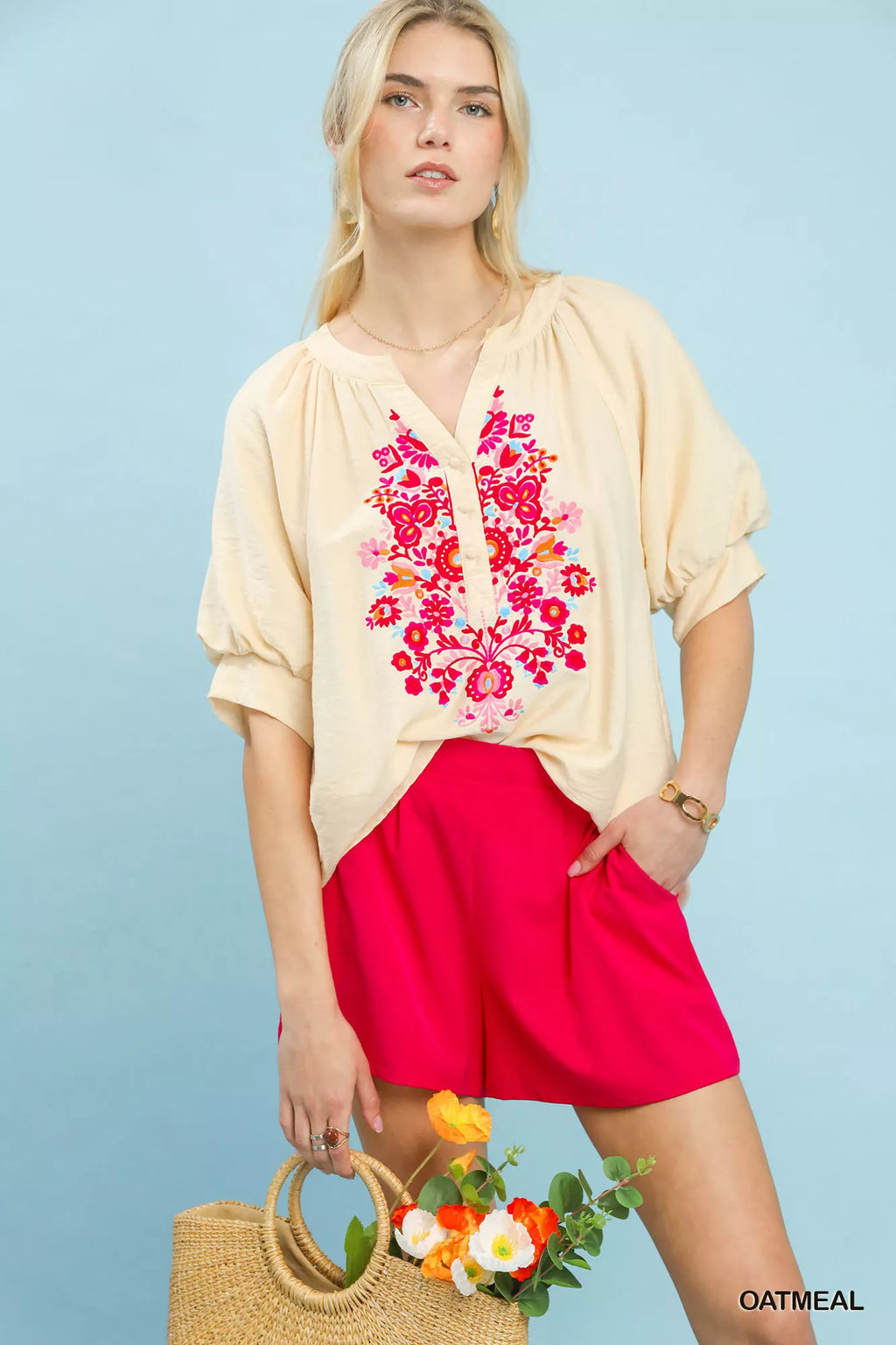OATMEAL embroidered puff-sleeve blouse with pink floral front placket