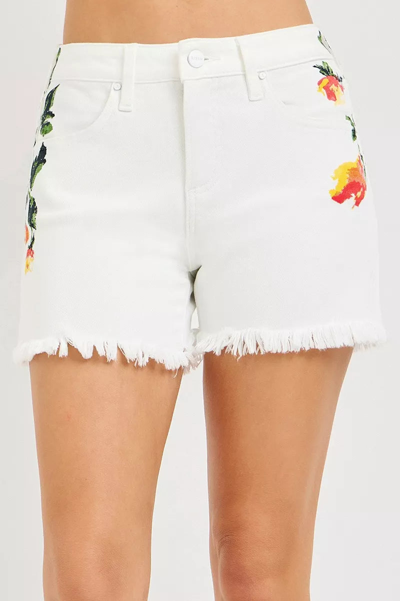 RISEN white high-rise floral shorts with frayed hem
