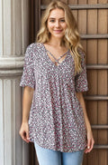 Babydoll-Top mit Leopardenmuster, gekreuzter Ausschnitt, Kurzarm, Elfenbein/Neonpink