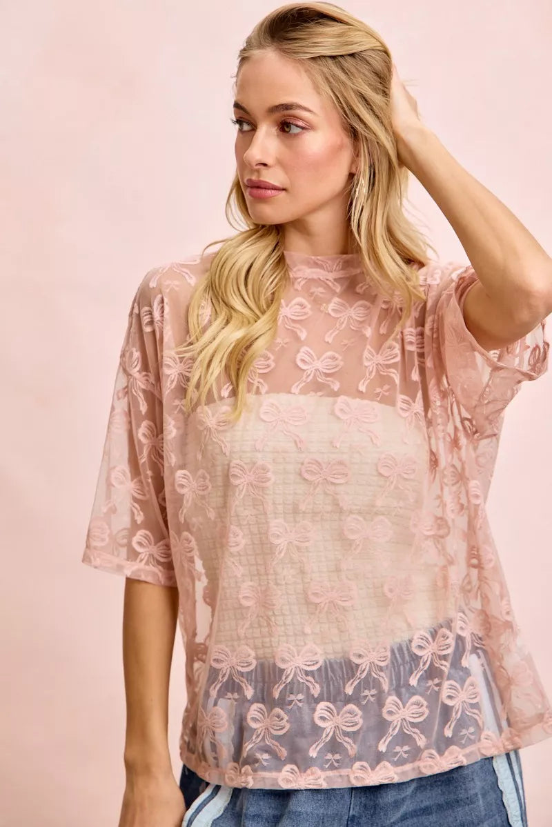 Dusty rose mesh blouse with bow pattern, short sleeves, relaxed boxy fit
