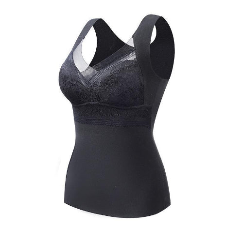 Thermal padded wireless bra in black with lace cup panel and scoop neckline