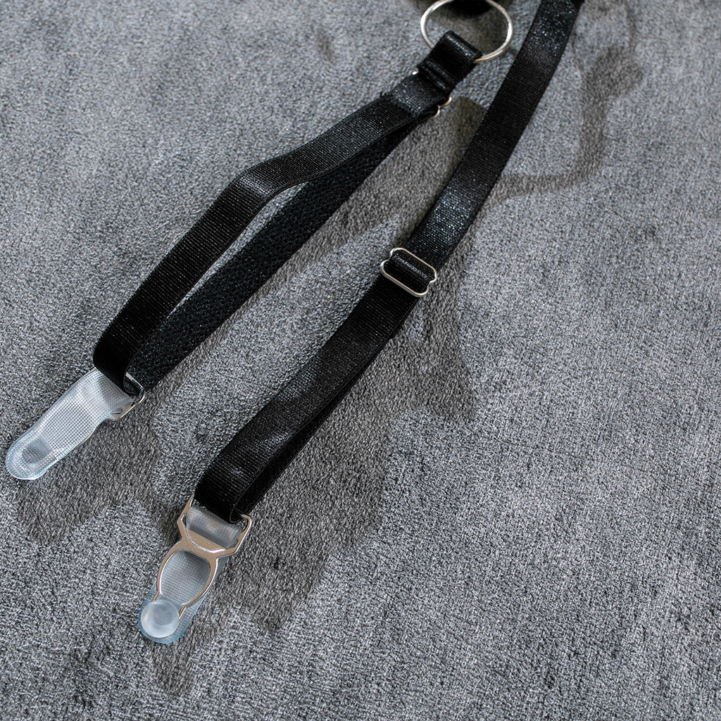Black adjustable garter straps with metal rings and clear clips