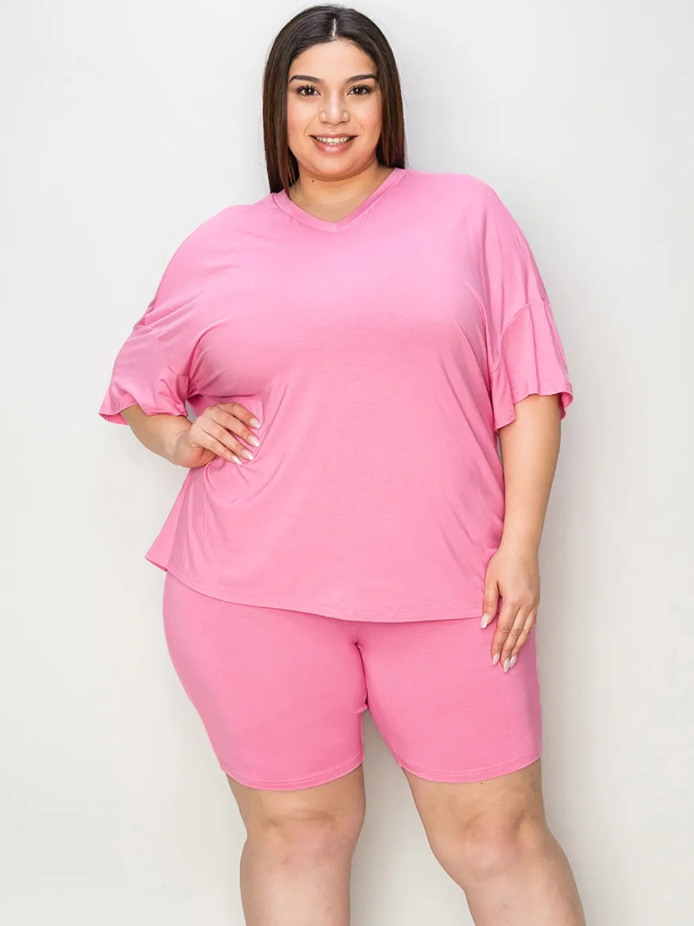 Pink V-neck drop-shoulder T-shirt with matching shorts, full set front view