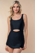 Black sleeveless swim dress with waist cutout