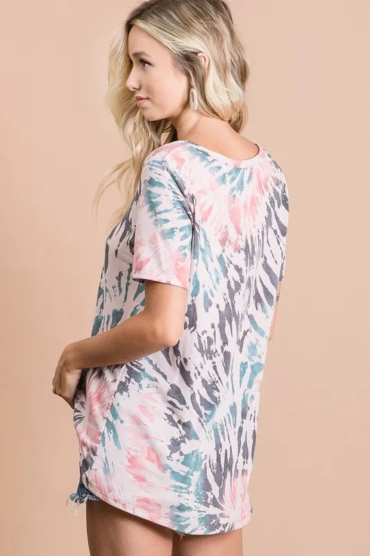 Tie-dye terry top, deep U-neck, short sleeves, pastel pink/blue/gray swirl