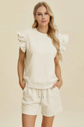 Cream textured top & shorts set, round neck with ruffle sleeves