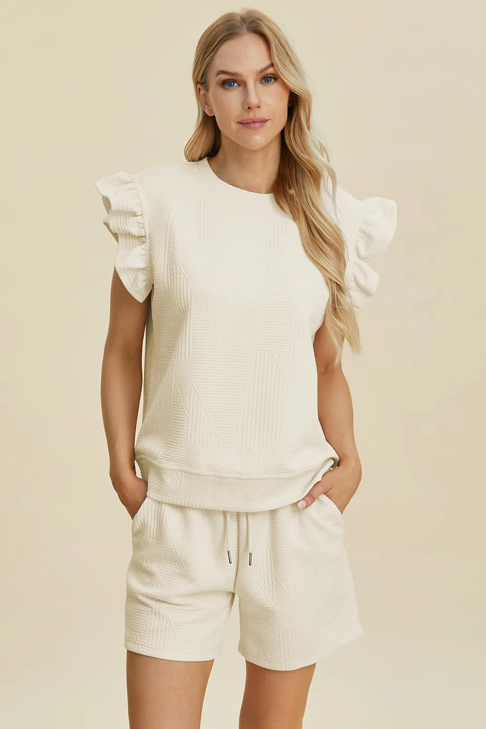 Cream textured top & shorts set, round neck with ruffle sleeves