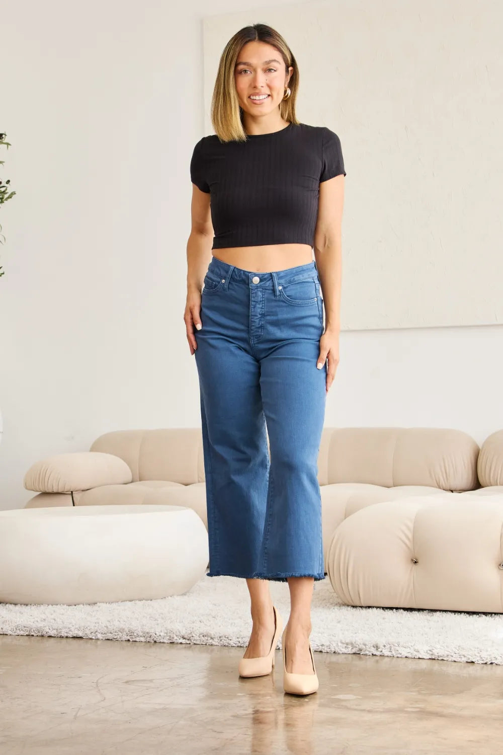 Blue slate high-waist jeans with raw hem, straight leg, and front pockets