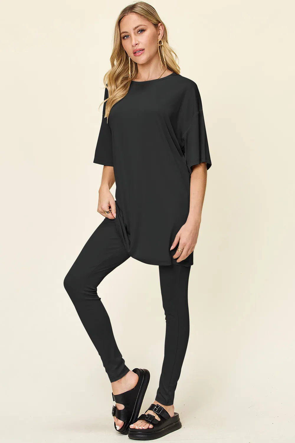 Black draped tunic T-shirt and leggings set, round neck, loose fit