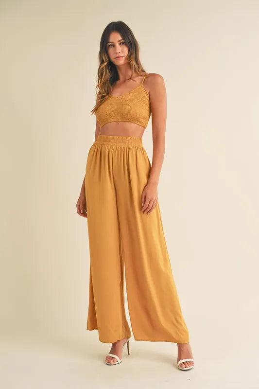 Trendsi MABLE set in gold mustard: smocked bralette crop top & wide-leg pants