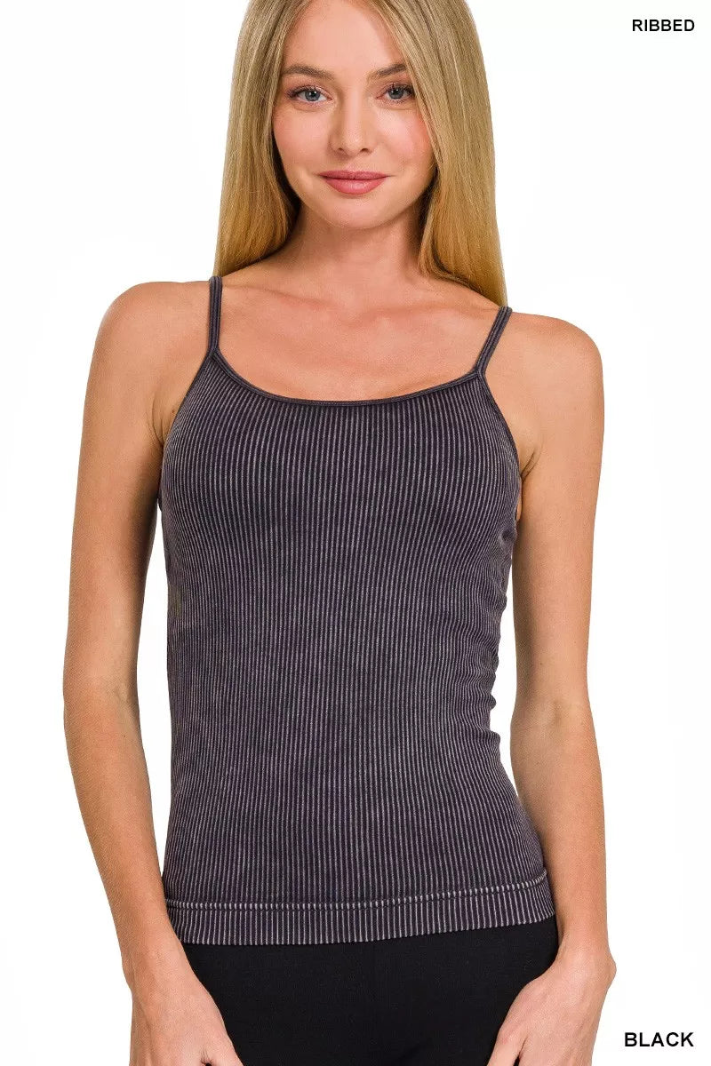 Black ribbed seamless tank top with wide scoop neckline and thin straps