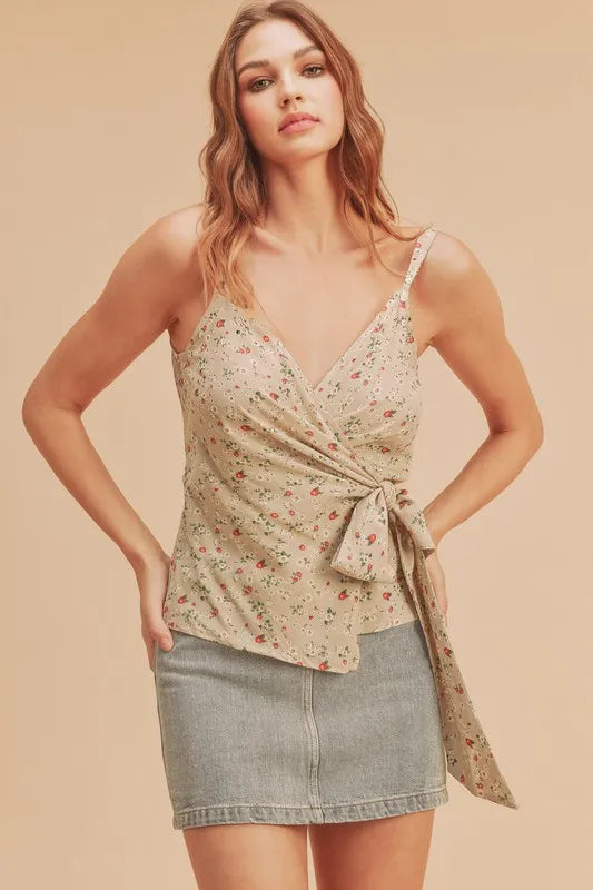 Ditsy floral surplice cami with adjustable straps, natural floral print