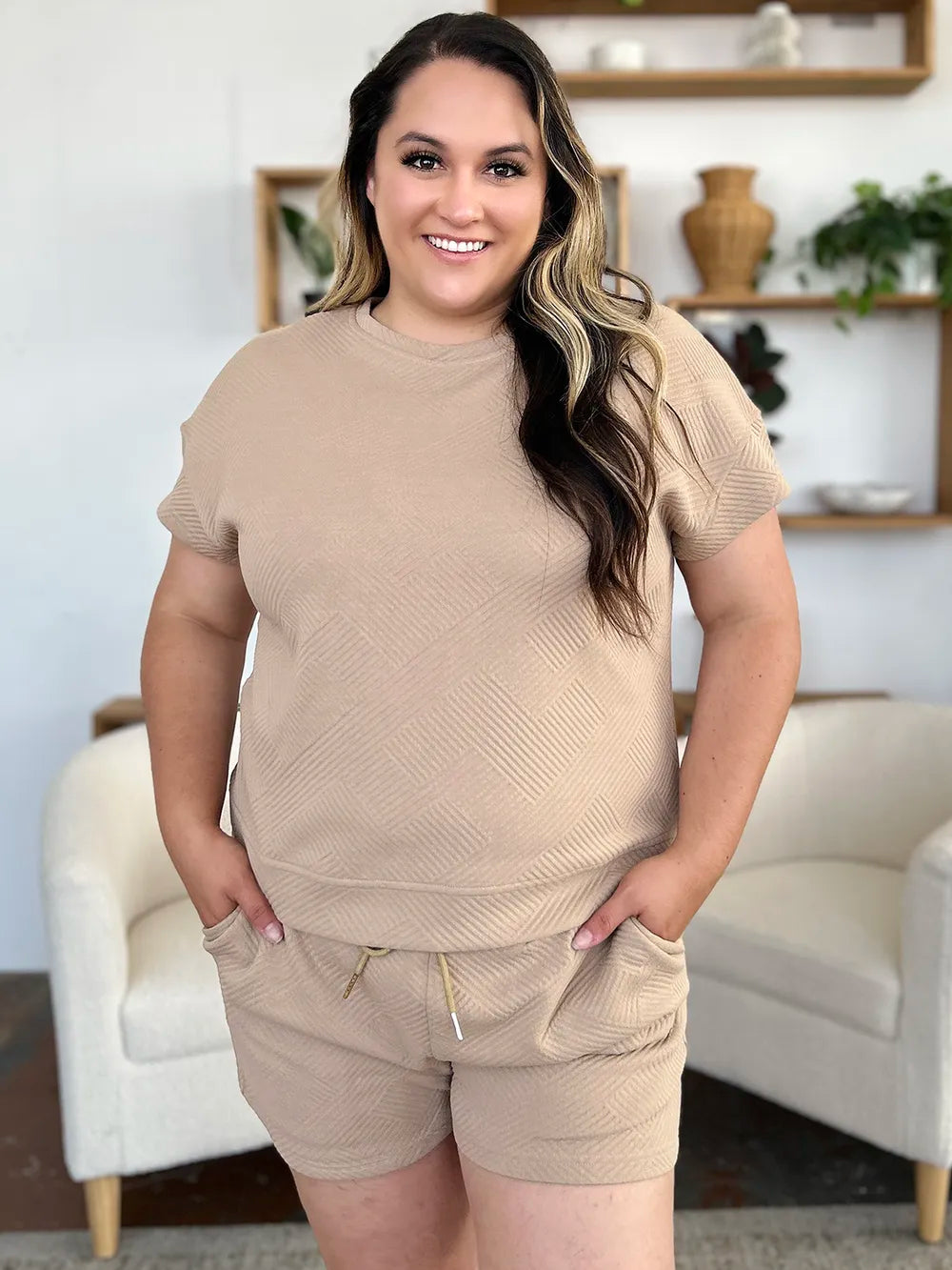 Taupe textured T-shirt and drawstring shorts set, front view, crew neckline