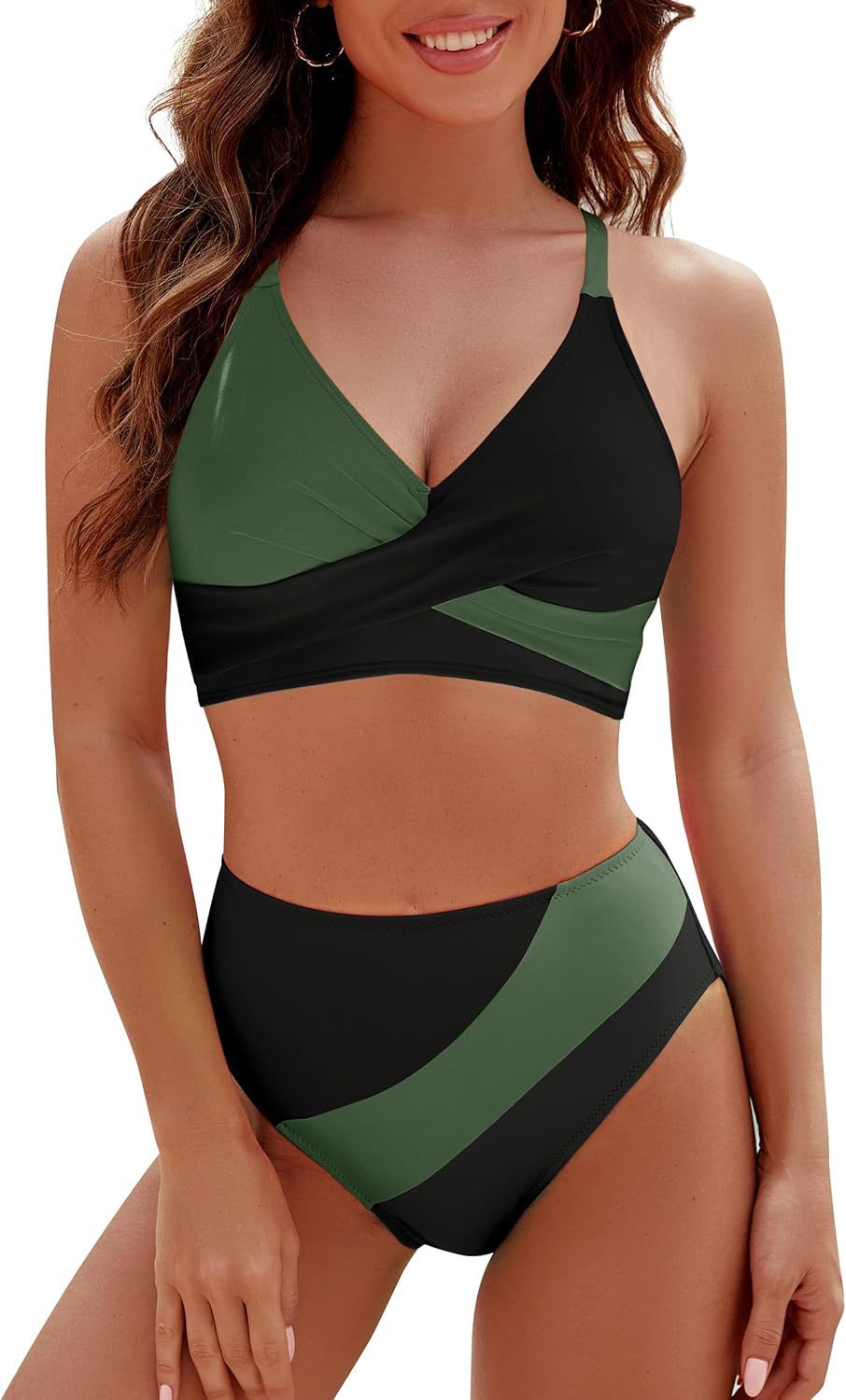 Green and black colorblock cross-strap bralette and high-waist bikini bottom set