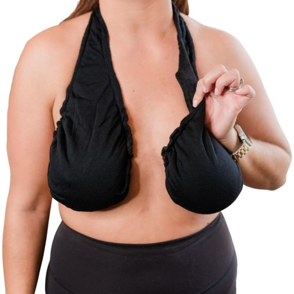 Black halter lounge bra with deep V neckline and ruched, soft cups