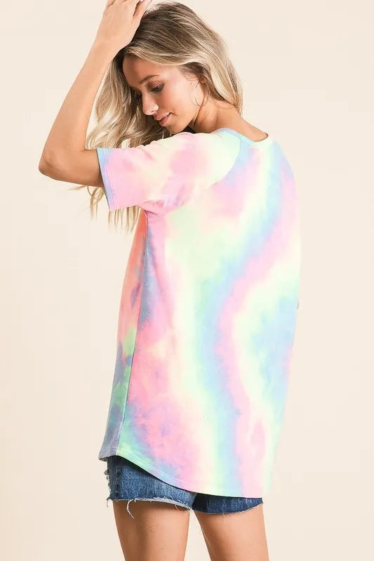 Back view of pastel multicolor tie-dye French terry top with short sleeves