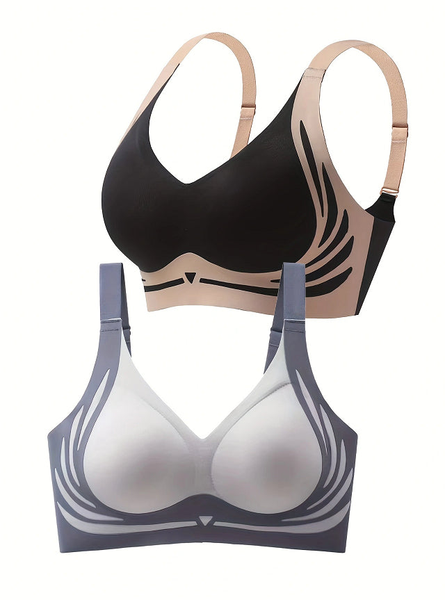 Black and beige sports bras with gray swirl print, racerback straps, V-cut neckline (2-pack)