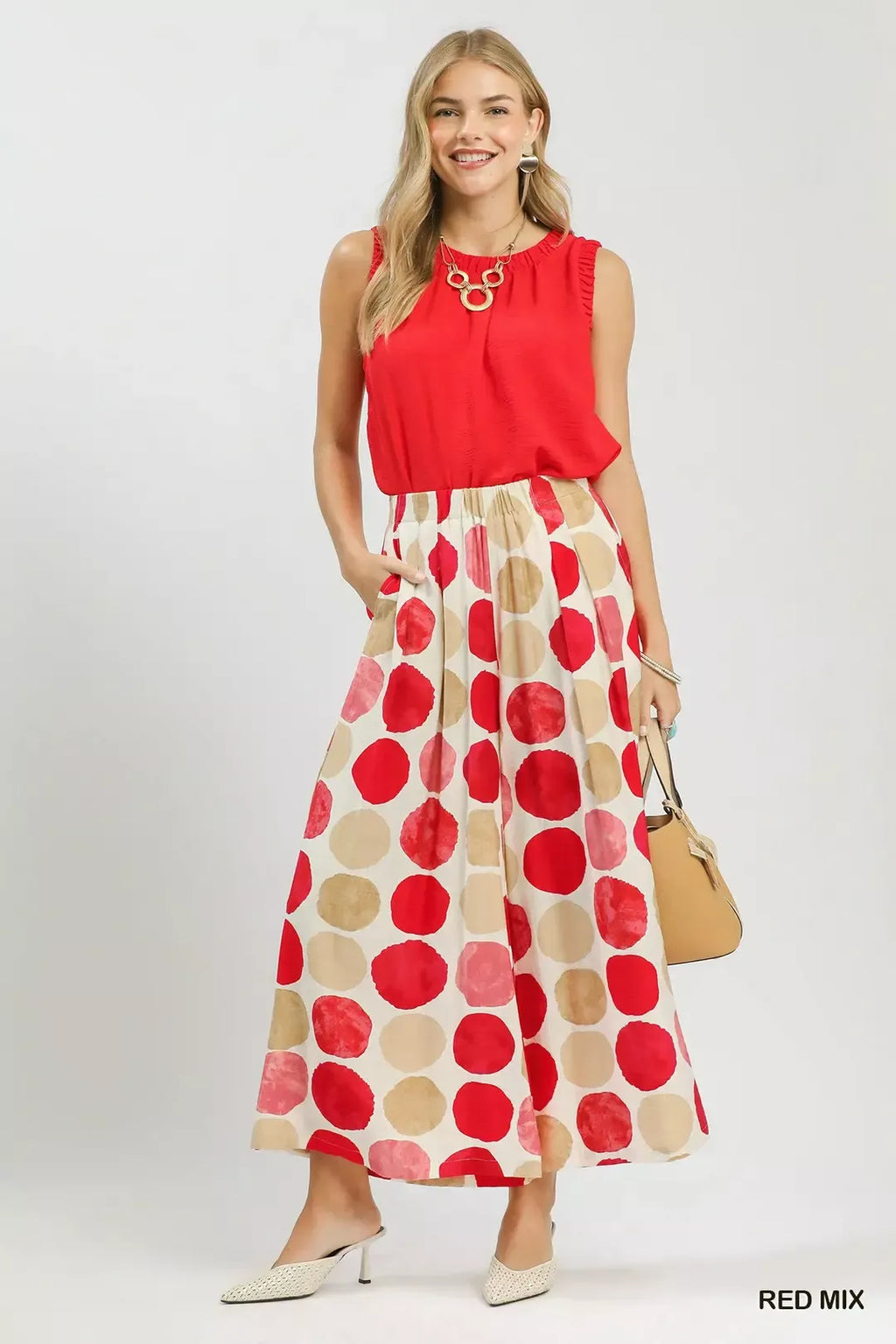 Umgee dot-print wide-leg pants in red mix with elastic waist, full length