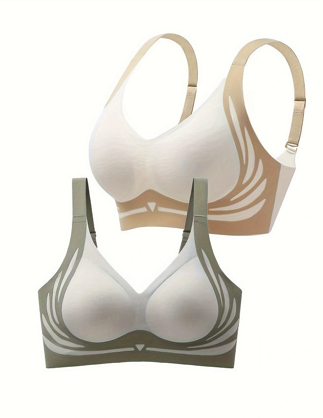 Beige and gray sports bras with white swirl print, racerback straps, V-cut neckline (2-pack)