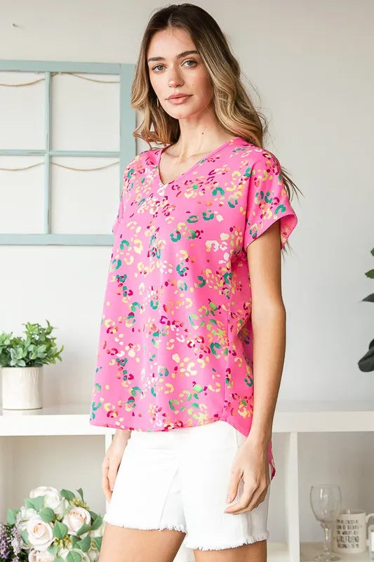 Plus-size pink multi animal-print V-neck short-sleeve T-shirt